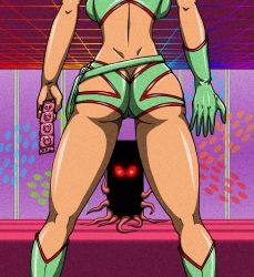 Rule 34 | 1girl, 1other, ass, boots, breasts, butt crack, cameltoe, condom, creature, dirty pair, from behind, gloves, head out of frame, highres, kei (dirty pair), leg focus, legs, lower body, red eyes, shiny skin, shorts, sunrise (company), tentacles, thigh gap, view between legs