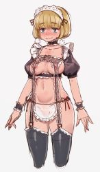 Rule 34 | 1girl, apron, arms at sides, black thighhighs, blonde hair, blush, bob cut, breasts, closed mouth, covered erect nipples, cropped legs, freckles, grey eyes, highres, kosuke orz, large areolae, maid, maid headdress, medium breasts, navel, original, puffy, revealing clothes, short hair, simple background, solo, standing, stomach, thighhighs, waist apron, white apron, white background, wristband