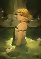 Rule 34 | 1girl, absurdres, armlet, bare shoulders, blonde hair, circlet, dress, earrings, expressionless, facial mark, flower, from behind, green eyes, hashtag-only commentary, highres, jewelry, lavabun, light particles, light rays, lily pad, looking at viewer, looking back, necklace, nintendo, parted bangs, parted lips, partially submerged, plant, pointy ears, princess zelda, short hair, solo, statue, strapless, strapless dress, teardrop facial mark, the legend of zelda, the legend of zelda: tears of the kingdom, water, water lily flower, white dress, white flower