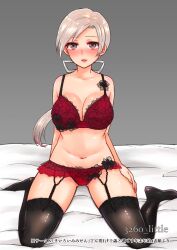 Rule 34 | 1girl, absurdres, bed sheet, blush, bra, breasts, chitose (kancolle), cleavage, garter belt, garterhose, grey eyes, grey hair, hair ribbon, highres, kantai collection, lace, lace-trimmed bra, lace-trimmed panties, lace trim, large breasts, long hair, looking at viewer, mature female, navel, panties, ponytail, red bra, red panties, ribbon, sitting, solo, thighhighs, underwear, underwear only, wariza