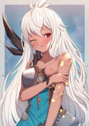 Rule 34 | 1girl, arm grab, armor, bare arms, bare shoulders, blue dress, blush, boobplate, breastplate, breasts, collarbone, dress, granblue fantasy, hair between eyes, highres, long hair, nipples, one eye closed, parted lips, red eyes, sleeveless, sleeveless dress, small breasts, solo, torn clothes, torn dress, uneg, very long hair, white hair, zooey (granblue fantasy)