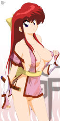 Rule 34 | 1girl, absurdres, breasts, cosplay, dead or alive, gender request, genderswap, highres, kasumi (doa), kasumi (doa) (cosplay), large breasts, long hair, ninja, nipples, nude, pussy, ranma-chan, ranma 1/2, red hair, saotome ranma, smile, stiky finkaz, tecmo, uncensored