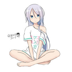 Rule 34 | 1girl, adrenaline!!!, artist name, bad id, bad pixiv id, barefoot, between legs, blue eyes, blush, closed mouth, clothes writing, copyright name, cosplay, dated, eromanga sensei, hair between eyes, hand between legs, hatsuzuki 527, indian style, izumi sagiri, izumi sagiri (cosplay), kantai collection, long hair, looking at viewer, off shoulder, shirt, short sleeves, signature, silver hair, simple background, sitting, solo, umikaze (kancolle), white background, white shirt