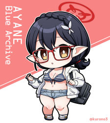 Rule 34 | 1girl, ayane (blue archive), ayane (swimsuit) (blue archive), backpack, bag, bikini, bikini top only, black bag, black hair, blue archive, braid, breasts, character name, chibi, cleavage, collarbone, commentary request, copyright name, crown braid, denim, denim shorts, flower, full body, glasses, groin, hair between eyes, hair flower, hair ornament, halo, holding, holding tablet pc, hood, hood down, hooded jacket, jacket, kurono, large breasts, long sleeves, looking at viewer, low ponytail, midriff, navel, official alternate costume, open clothes, open shirt, parted lips, pointy ears, red-framed eyewear, sandals, short hair, short ponytail, short shorts, shorts, sidelocks, solo, standing, striped bikini, striped clothes, swimsuit, tablet pc, twitter username, white jacket, yellow eyes