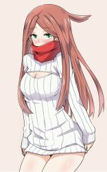 Rule 34 | 10s, 1girl, blush, breasts, brown hair, cleavage, green eyes, konami kirie, long hair, open-chest sweater, pink background, scarf, sweater, world trigger