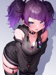 Rule 34 | 1girl, armpit crease, bare shoulders, black jacket, black thighhighs, blunt bangs, blush, breasts, cleavage, clothing cutout, collarbone, diagonal bangs, earrings, highres, hood, hooded jacket, idolmaster, idolmaster shiny colors, jacket, jewelry, long hair, looking at viewer, medium breasts, purple eyes, purple hair, qianlou (qianlou12374), shoulder cutout, skindentation, solo, tanaka mamimi, thigh strap, thighhighs, tongue, tongue out, twintails