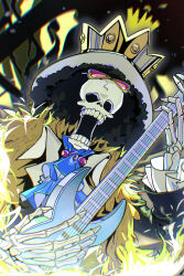 Rule 34 | 1boy, absurdres, afro, artist name, ascot, black hair, blue ascot, brook (one piece), commentary, crown, crown hat, electric guitar, english commentary, eyewear on head, guitar, highres, holding, holding instrument, instrument, long sleeves, male focus, music, mygiorni, one piece, open mouth, pink-tinted eyewear, playing instrument, skeleton, solo, sunglasses, tinted eyewear
