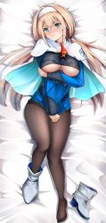 Rule 34 | arm under breasts, black legwear, blue dress, blush, boots, breasts, capelet, dress, hair behind ear, hairband, highres, looking at viewer, low twintails, lying, mctom, mitsuba greyvalley, on back, on bed, pantyhose, super robot wars, super robot wars 30, sweatdrop, twintails, underboob, white capelet, white footwear, white hairband