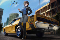 Rule 34 | 1girl, absurdres, aircraft, airplane, alternate costume, azur lane, boots, car, city, commission, copyright name, day, dodge (company), dodge super bee, fighter jet, full body, georgia (azur lane), hair between eyes, heterochromia, high heel boots, high heels, highres, jacket, jet, kcar66t, license plate, location request, looking at viewer, military vehicle, motor vehicle, muscle car, product placement, thigh boots, vehicle focus