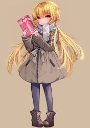 Rule 34 | 1girl, absurdres, alternate costume, black footwear, black pantyhose, blonde hair, boots, box, box of chocolates, coat, crescent, crescent pin, cross-laced footwear, female focus, full body, grey coat, highres, jacket, kantai collection, lace-up boots, logiclr, long hair, looking at viewer, pantyhose, satsuki (kancolle), scarf, simple background, smile, solo, standing, twintails, valentine, white scarf, yellow eyes
