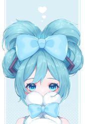 Rule 34 | 1girl, bad id, bad pixiv id, bare shoulders, blue background, blue bow, blue eyes, blue hair, bow, cinnamiku, cinnamoroll, commentary request, covered mouth, crossover, hair bow, hatsune miku, heart, highres, peta (snc7), polka dot, polka dot background, portrait, sanrio, shirt, sleeveless, sleeveless shirt, solo focus, tied ears, two-tone background, updo, vocaloid, white background, white shirt