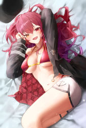 Rule 34 | 1girl, :d, anchor print, bed sheet, bikini, bikini top only, bikini under clothes, black jacket, blush, breasts, dolphin shorts, gold trim, hair down, hat, heterochromia, highres, hololive, houshou marine, houshou marine (summer), jacket, long hair, looking at viewer, lying, medium breasts, official alternate costume, on side, open mouth, red bikini, red eyes, red hair, short shorts, shorts, smile, solo, swimsuit, thigh strap, thighs, toi1et paper, twisted torso, two-sided fabric, two-sided jacket, unworn hat, unworn headwear, virtual youtuber, white shorts, yellow eyes