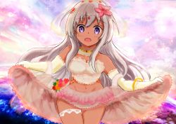 Rule 34 | 1girl, absurdres, alternate costume, clothes lift, cowboy shot, dress, elbow gloves, faster crisis, flower, gloves, highres, kantai collection, lifted by self, long hair, looking at viewer, midriff, navel, purple eyes, ro-500 (kancolle), silver hair, skirt, skirt lift, solo, wedding dress, white gloves