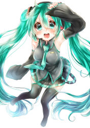 Rule 34 | 1girl, absurdres, arm up, blush, detached sleeves, green eyes, green hair, hatsune miku, headset, heart, heart-shaped pupils, highres, long hair, matching hair/eyes, nail polish, necktie, open mouth, simple background, skirt, solo, symbol-shaped pupils, thighhighs, twintails, very long hair, vocaloid, white background