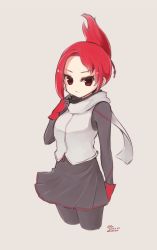 Rule 34 | 1girl, breasts, closed mouth, dated, folded ponytail, gloves, highres, kemurikusa, long sleeves, looking at viewer, pantyhose, red eyes, red hair, rin (kemurikusa), scarf, short hair, simple background, skirt, solo, umxzo, white scarf