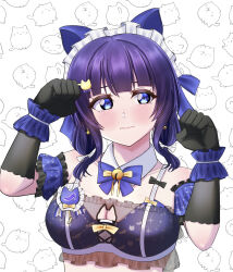 Rule 34 | 1girl, ame (amedayo njgk), animal background, animal ears, arm garter, asaka karin, bell, black gloves, blue bow, blue bra, blue eyes, blue hair, blunt bangs, blush, bow, bra, breasts, cat cutout, cat ears, cleavage, cleavage cutout, closed mouth, clothing cutout, commentary, detached collar, earrings, elbow gloves, fake animal ears, gloves, highres, jewelry, jingle bell, looking to the side, love live!, love live! nijigasaki high school idol club, love live! school idol festival 2, low twintails, maid headdress, medium breasts, medium hair, paw pose, solo, twintails, underwear, upper body, wavy mouth