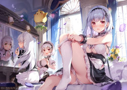 Rule 34 | 3girls, anchor choker, ass, azur lane, bare shoulders, bird, black dress, blunt bangs, bow, braid, breasts, cameltoe, center frills, chick, cleavage cutout, closed mouth, clothing cutout, cosmetics, curtains, day, dido (azur lane), dot nose, dress, dress bow, earrings, flower, frills, from behind, from side, hair between eyes, hair bow, hairband, hand up, heart, heart earrings, hermione (azur lane), highres, holding, indoors, jewelry, knee up, lace-trimmed hairband, lace trim, large breasts, lipstick tube, long hair, looking at viewer, manjuu (azur lane), mirror, miyase mahiro, multiple girls, no shoes, official art, open mouth, open window, panties, petals, petticoat, profile, puffy short sleeves, puffy sleeves, purple flower, raised eyebrows, red eyes, reflection, short hair, short sleeves, single braid, sirius (azur lane), sitting, skindentation, sleeveless, smile, sunlight, thighs, two-tone dress, underboob, underboob cutout, underwear, white bow, white dress, white hair, white legwear, window, yellow flower