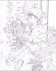 Rule 34 | 1girl, ahoge, blush, bucket, building, dress, full body, garden, house, long sleeves, looking at viewer, monochrome, original, outdoors, porch, purple theme, sasaki toshiyuki, shoes, short hair, single shoe, sitting, slippers, solo, stairs