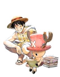 Rule 34 | 2boys, black eyes, black hair, book, book stack, brown fur, facial scar, flip-flops, full body, hat, holding, holding book, hood, hooded jacket, jacket, looking at another, male focus, monkey d. luffy, multiple boys, nok (nok 1), one piece, reading, red headwear, sandals, scar, scar on cheek, scar on face, short hair, simple background, sitting, sleeveless, smile, squatting, straw hat, tony tony chopper, top hat, white background