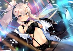 Rule 34 | 1girl, alternate costume, ayanami (azur lane), ayanami (rock &#039;n&#039; demon) (azur lane), azur lane, bandeau, bare shoulders, black coat, black pantyhose, blurry, blush, breasts, coat, depth of field, detached collar, floating hair, groin, hair between eyes, hair ornament, headgear, headphones, high ponytail, kurot, light brown hair, long hair, looking at viewer, midriff, navel, neon trim, off shoulder, open clothes, open coat, pantyhose, ponytail, short shorts, shorts, sidelocks, small breasts, solo, stage, stage lights, stomach, suspender shorts, suspenders, sweat, twitter username