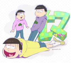 Rule 34 | 3boys, brothers, dotted background, drooling, half-closed eyes, hands in pockets, heart, heart in mouth, hood, hoodie, leaning on object, looking at viewer, lying, matsuno ichimatsu, matsuno jyushimatsu, matsuno todomatsu, mouth drool, multiple boys, on stomach, open mouth, osomatsu-san, pink hoodie, purple hoodie, shorts, show chiku-by, siblings, slippers, snot, translation request, yellow hoodie
