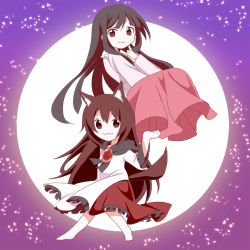 Rule 34 | 2girls, :3, animal ears, black hair, brooch, brown eyes, brown hair, chibi, dashimaki, dress, finger to own chin, full body, full moon, gradient background, hand on own chin, houraisan kaguya, imaizumi kagerou, japanese clothes, jewelry, layered dress, long hair, long sleeves, looking at viewer, moon, multiple girls, red eyes, skirt, skirt set, smile, sparkle, sparks, tail, touhou, very long hair, wide sleeves, wolf ears, wolf tail