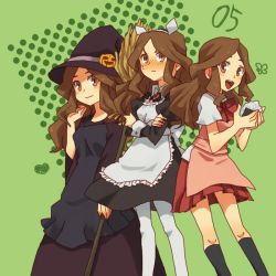 Rule 34 | alternate costume, apron, bad id, bad pixiv id, blush, broom, brown eyes, brown hair, food, hat, inazuma eleven, inazuma eleven (series), long hair, maid, maid apron, mkrnsrd, onigiri, open mouth, pantyhose, raimon natsumi, witch, witch hat