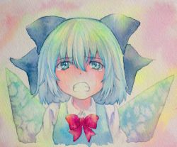 Rule 34 | 1girl, blue eyes, blue hair, bow, cirno, clenched teeth, hair bow, highres, ice, ice wings, matching hair/eyes, painting (medium), solo, tears, teeth, touhou, traditional media, watercolor (medium), wings, yuyu (00365676)