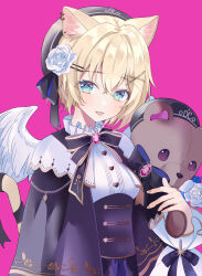 Rule 34 | 1girl, absurdres, angel wings, animal ears, beret, black bow, black bowtie, black hat, blonde hair, blush, bob cut, bow, bowtie, breasts, buttons, capelet, cat ears, cat girl, cat tail, collar, commentary request, double-breasted, earrings, flower, frilled collar, frills, gem, green eyes, hair flower, hair ornament, hairclip, hat, hat bow, heart button, highres, jewelry, kurumi noah, looking at viewer, nakano kura, pink background, red gemstone, short hair, simple background, small breasts, smile, solo, tail, tongue, tongue out, upper body, virtual youtuber, vspo!, wings, x hair ornament