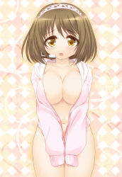 Rule 34 | 10s, 1girl, :o, blush, bottomless, breasts, brown eyes, brown hair, cleavage, covering privates, covering crotch, hairband, headset, hood, hoodie, idolmaster, idolmaster cinderella girls, kanraku, large breasts, mimura kanako, naked hoodie, navel, no bra, open clothes, open mouth, short hair, sleeves past wrists, solo, unzipped