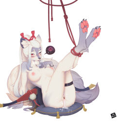Rule 34 | 1girl, absurdres, animal ears, animal feet, ass, bdsm, blush, bondage, bound, bound ankles, breasts, claws, collarbone, cum, cum in pussy, cum on ass, cum on body, cum on pussy, feet together, fluffy, fox ears, fox girl, fox tail, fur, furry, furry female, grey hair, hakurou (onmyoji), highres, large breasts, leaning, leaning back, lin mzhh, long hair, looking at viewer, multicolored hair, nipples, nude, onmyoji, pillow, pussy, red eyes, rope, sitting, straight hair, tail, tentacles, white background, white hair