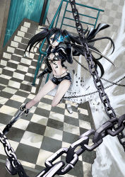Rule 34 | 10s, 1girl, absurdres, bikini, bikini top only, black hair, black rock shooter, black rock shooter (character), boots, chain, checkered floor, floor, highres, long hair, long legs, navel, perspective, realmbw, short shorts, shorts, skinny, slender, solo, stairs, swimsuit, sword, twintails, weapon