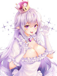 Rule 34 | 1girl, :p, bad id, bad pixiv id, breasts, cleavage, collarbone, commentary, crown, dress, earrings, elbow gloves, frilled dress, frilled gloves, frilled sleeves, frills, gem, glint, gloves, hair between eyes, hands up, highres, jewelry, large breasts, mario (series), mellozzo, neck garter, new super mario bros. u deluxe, nintendo, parted lips, pink hair, pointy ears, princess king boo, puffy short sleeves, puffy sleeves, purple eyes, sharp teeth, short sleeves, simple background, slit pupils, solo, sparkle, super crown, symbol-only commentary, teeth, tongue, tongue out, upper body, upper teeth only, white background, white gloves