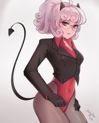 Rule 34 | 1girl, black gloves, black horns, black suit, black tail, business suit, collared shirt, cowboy shot, curly hair, demon, demon girl, demon horns, demon tail, formal, glasses, gloves, helltaker, horns, jellypon, leotard, leotard under clothes, looking at viewer, open mouth, pandemonica (helltaker), pantyhose, ponytail, red eyes, red shirt, shirt, simple background, solo, suit, sweat, sweatdrop, tail, white background