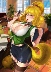 Rule 34 | 1boy, 1girl, absurdres, animal crossing, animal ears, black skirt, black thighhighs, blonde hair, blurry, blurry background, blush, breasts, cleavage, coin, commentary, day, dog ears, dog girl, dog tail, hair ornament, highres, holding, holding pen, humanization, indoors, isabelle (animal crossing), large breasts, looking at viewer, medium hair, mole, mole under eye, nintendo, office lady, open mouth, pen, pencil skirt, plant, shirt, short sleeves, skirt, smile, solo focus, tail, tanuki, thighhighs, tom nook (animal crossing), topknot, white shirt, window, yuudokou shounen