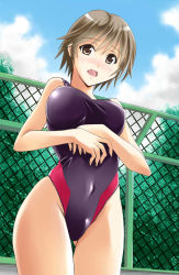 Rule 34 | 1girl, :o, black one-piece swimsuit, blush, breasts, brown eyes, brown hair, chain-link fence, cloud, competition swimsuit, covered navel, cowboy shot, day, embarrassed, fence, fingernails, from below, girlfriend (kari), grey hair, highleg, highleg swimsuit, highres, kubota yuki, large breasts, long fingernails, looking at viewer, looking down, nose blush, one-piece swimsuit, open mouth, outdoors, short hair, sky, solo, standing, sweatdrop, swimsuit, taut clothes, taut swimsuit, thick thighs, thigh gap, thighs, tomboy, yamada (fanfantaisa)