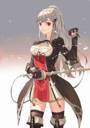 Rule 34 | 1girl, absurdres, azur lane, boots, braid, breasts, brown coat, brown thighhighs, butterfly hair ornament, cleavage, coat, crown braid, dunkerque (azur lane), framed breasts, grey hair, hair ornament, highres, holding, holding sword, holding weapon, juliet sleeves, long hair, long sleeves, looking at viewer, medium breasts, multicolored coat, puffy sleeves, rapier, red coat, red eyes, rong kui baku, skirt, solo, sword, thigh boots, thighhighs, thighhighs under boots, two-tone coat, weapon, white skirt