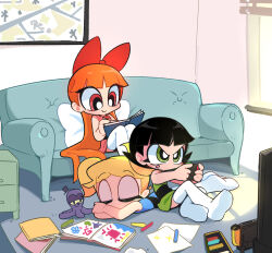 3girls :d black_hair blonde_hair blossom_(ppg) bow bubbles_(ppg) buttercup_(ppg) closed_eyes couch flat_chest green_eyes hair_bow highres kim_crab long_hair lying multiple_girls nintendo_switch on_couch on_floor on_stomach open_mouth orange_hair playing_games powerpuff_girls reading red_bow red_eyes short_hair short_twintails sitting sleeping smile television thighhighs tomboy twintails white_thighhighs