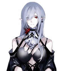 Rule 34 | 1girl, absurdres, alternate costume, arknights, ascot, bare shoulders, black dress, breasts, cleavage, dress, earrings, eyes visible through hair, flower, gladiia (arknights), grey hair, hair over one eye, highres, jewelry, large breasts, long hair, looking at viewer, parted lips, pointy ears, red eyes, red flower, red rose, rose, simple background, smile, solo, upper body, white ascot, white background