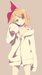Rule 34 | 1girl, blonde hair, bow, collarbone, green eyes, hair bow, head tilt, highres, hood, hoodie, kagamine rin, lace-trimmed sleeves, lace trim, looking at viewer, naked hoodie, noa (retsuhim6927), oversized clothes, red bow, sleeves past fingers, sleeves past wrists, solo, swept bangs, vocaloid, zipper