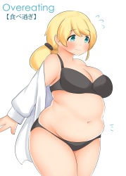 Rule 34 | 1girl, absurdres, aqua eyes, black bra, black panties, blonde hair, blush, bra, breasts, cleavage, cowboy shot, ellen baker, embarrassed, english text, fat, female focus, frown, fusa (starless2323), hair ornament, hair scrunchie, highres, long sleeves, medium breasts, new horizon, panties, ponytail, scrunchie, shirt, simple background, solo, standing, thick thighs, thighs, underwear, undressing, weight conscious, white background, white shirt