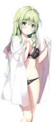 Rule 34 | 1girl, bare shoulders, black bra, black panties, blanket, blue eyes, blush, bow, bow panties, bra, breasts, cleavage, collarbone, commentary request, feet out of frame, green hair, hair between eyes, hair ornament, hair tubes, hands up, kochiya sanae, long hair, looking at viewer, medium breasts, miyase mahiro, navel, panties, parted lips, sidelocks, simple background, snake hair ornament, solo, standing, stomach, thighs, touhou, underwear, underwear only, white background