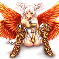 Rule 34 | 00s, 1girl, ass, bare shoulders, blush, boots, breasts, choker, cleavage, cleavage cutout, clothing cutout, elbow gloves, final fantasy, final fantasy tactics, final fantasy xii, fusion, gloves, head wings, high heels, highres, hozenkakari, knee boots, leotard, long hair, multiple wings, red eyes, red wings, silver hair, sitting, smile, solo, spread legs, thighhighs, tiara, ultima (fft), ultima (ffta), wings