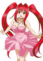 Rule 34 | 00s, 1girl, breasts, brown eyes, cleavage, collarbone, dress, female focus, hair ornament, ikkitousen, jewelry, kanpei, large breasts, long hair, long twintails, looking at viewer, necklace, open mouth, pink dress, red hair, simple background, smile, solo, strapless, strapless dress, twintails, white background
