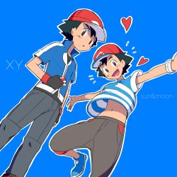Rule 34 | 2boys, :d, ame (ame025), ash ketchum, baseball cap, black hair, blue background, blue footwear, blue jacket, brown eyes, brown pants, collared jacket, commentary request, copyright name, creatures (company), dual persona, game freak, grey pants, hat, heart, holding, holding poke ball, jacket, looking at viewer, looking down, male focus, multiple boys, nintendo, open mouth, outline, pants, parted lips, poke ball, poke ball (basic), pokemon, pokemon (anime), pokemon sm (anime), pokemon xy (anime), popped collar, red headwear, shirt, shoes, short hair, short sleeves, simple background, smile, striped clothes, striped shirt, t-shirt, tongue