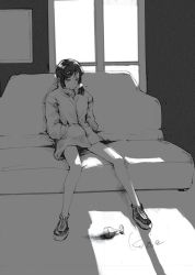 Rule 34 | 1girl, 3tohei, female focus, greyscale, hands in pockets, indoors, jacket, light, monochrome, original, short hair, sitting, solo