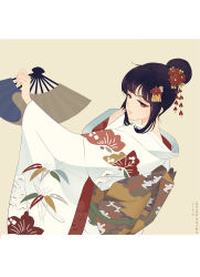 Rule 34 | 1girl, ahoge, black hair, blunt bangs, closed mouth, finger to mouth, floral print, flower, folding fan, from behind, hair bun, hair flower, hair ornament, hand fan, highres, holding, holding fan, japanese clothes, kanzashi, kimono, lips, long sleeves, looking at viewer, looking back, looking to the side, nape, obi, original, outstretched arm, paper fan, pink lips, red eyes, sash, short hair, sidelocks, simple background, single hair bun, smile, solo, tsurime, upper body, white kimono, wide sleeves, yellow background, zdl xiaobai