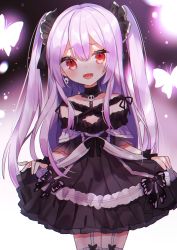 Rule 34 | 1girl, :d, absurdres, bad id, bad pixiv id, black bow, blush, bow, bug, butterfly, earrings, fang, garter straps, glowing butterfly, highres, hololive, insect, jewelry, long hair, looking at viewer, noi mine, official alternate costume, open mouth, purple hair, red eyes, skin fang, skirt hold, skull earrings, smile, solo, standing, uruha rushia, uruha rushia (3rd costume), virtual youtuber
