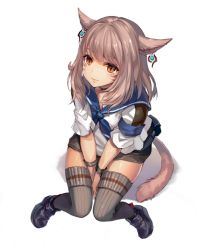 Rule 34 | 10s, 1girl, animal ears, between legs, brown hair, cat ears, cat tail, character request, earrings, facial mark, final fantasy, final fantasy xiv, hand between legs, jewelry, lips, long hair, looking at viewer, miqo&#039;te, momoko (momopoco), orange eyes, simple background, sitting, slit pupils, solo, tail, thighhighs, warrior of light (ff14), white background