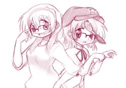 Rule 34 | 2girls, aoki ume (style), bespectacled, bleeugee, china dress, chinese clothes, crossover, drawfag, dress, glasses, hat, hidamari sketch, miyako (hidamari sketch), miyako yoshika, monochrome, multiple girls, ofuda, open mouth, outstretched arms, short hair, simple background, star (symbol), sweater, touhou, white background, zombie pose